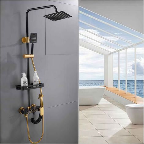 Robinet de douche thermostatique mural en laiton noir mat – système 4 fonctions avec pommeau doré, design élégant et haut de gamme