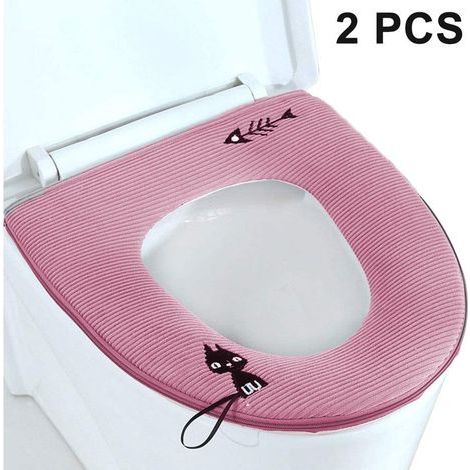 Lot de 2 housses de siège de toilette avec fermeture éclair, housse de couvercle de toilette standard lavable avec poignée, coussin de protection doux, épais et chaud pour salle de bain (1/5)