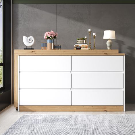 Scrivania girevole 120x50x78 cm, 2 in 1 con 6 cassetti, piano ruotabile, truciolare, bianco e rovere (1/5)