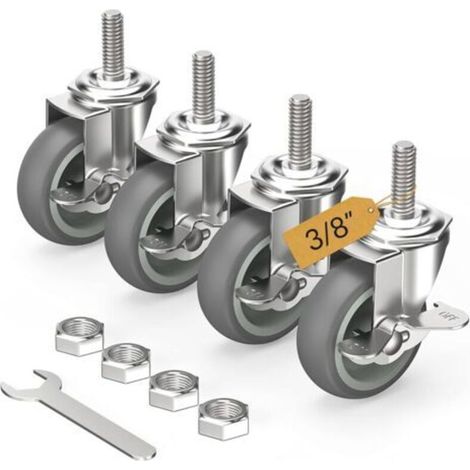 Roulettes pivotantes verrouillables de 7,6 cm (3 pouces), lot de 4, tige filetée 9,5 mm - 40,6 mm x 3,8 cm (diamètre 9,5 mm, longueur 3,8 cm), roulettes pivotantes robustes, grises
