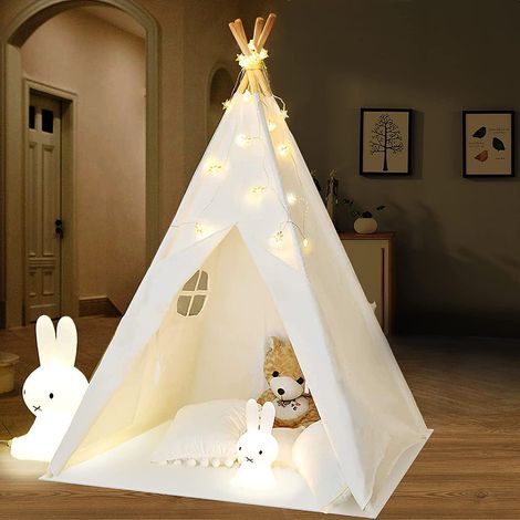 Freosen – Tente de jeu tipi enfant 120x120x159cm – Toile coton non toxique – Avec guirlande lumineuse 3m – Intérieur/extérieur