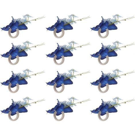 Lot de 12 ronds de serviette, ronds de serviette en fleurs artificielles, porte-serviettes en fausses fleurs, rond de serviette, pour dîner, décoration de table de mariage (bleu) (1/5)