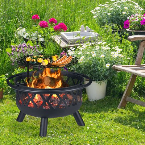 Relaxdays Feuerschale mit Grillrost, Funkenschutz & Schürhaken, Ø 75 cm, Stahl, Feuerstelle Garten & Terrasse, schwarz