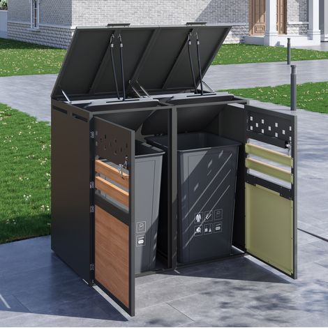 Armario para cubos de basura de acero galvanizado gris y acabado madera, 2 compartimentos, tapa abatible hidráulica y puertas con cerradura (1/5)