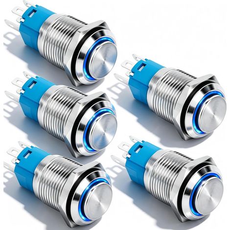 5pcs 12V-24V 16mm Rond interupteur Push étancheBouton Poussoir Momentané LED Bouton Poussoir Metal Mini interupteur Push pour Voiture Camion Sonnette (Haute Tête) (LED Bleue) (1/5)