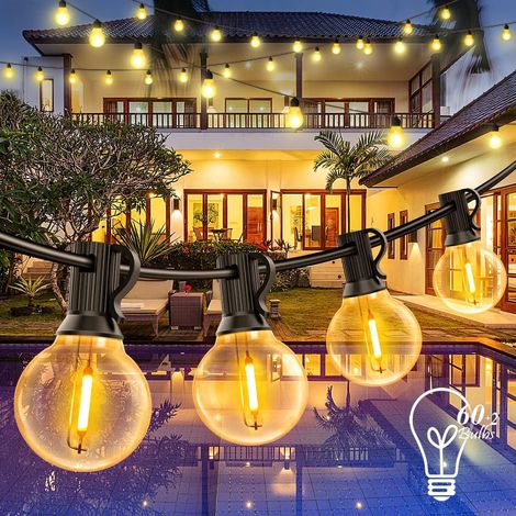 Guirlande lumineuse solaire d'extérieur de 15 m avec télécommande, 3 modes, recharge USB, 25 ampoules LED G40, étanchéité IP65  idéale pour jardins, terrasses, balcons et décorations de mariage. (1/5)