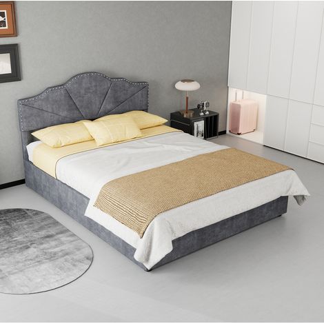 Cama con almacenaje 140x200 cm de tejido y metal gris con colchón – MEUBLIV (1/5)