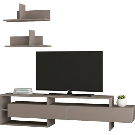 Pared Modular Huko, Mueble Sala 2 Cajones, 9 Estantes, Puerta Corredera, Beige