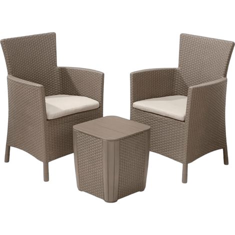 Keter Balkonmöbel Set Iowa, cappuccino/sand, 3tlg., inkl. Sitzkissen, Kunststoff, flache Rattanoptik, wetterfest, uv-beständig (1/4)