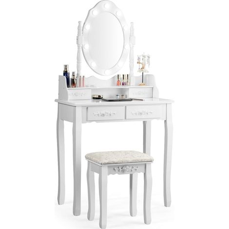COSTWAY Tocador de Maquillaje con Taburete Espejo Giratorio y LED Mesa de Cosmético con 4 Cajones y Tapa Extraíble (Blanco) (1/5)