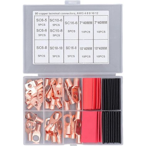Ensemble de 80 pièces comprenant des cosses de câble, des cosses annulaires en cuivre rouge et des connecteurs à sertir pour câbles de batterie avec gaine thermorétractable.