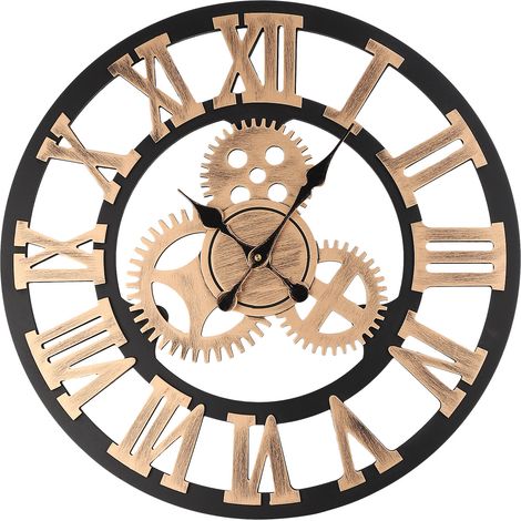 Youyijia Wall Clock Big Roman Numerals Hanging Clock 60cm/24 Inch Giant Open Face Indoor Wall Clock Wood 3D Gear Clock Vintage Industrial Wall Clock for Home Office Gold (1/5)