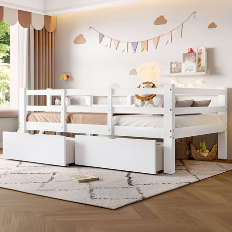 Cama infantil 90x200cm barandilla semi cerrada 2 cajones MDF y contrachapado color blanco (Sin colchón) (1/5)
