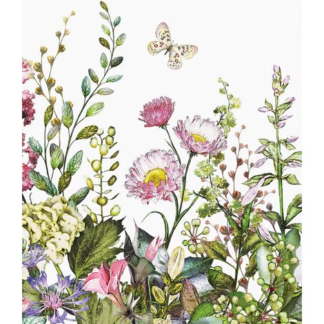 Papier peint panoramique floral avec papillon idéal salon | Tapisserie panoramique fleurie multicolore | Papier peint panoramique pour cage d'escalier - 192 X 260 cm (4 pièces) (1/2)