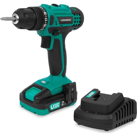 VONROC Perceuse sans fil 20V - 19 réglages de couple + mode de perçage - 2 embouts de vissage inclus - Batterie et chargeur 2.0Ah inclus