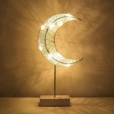 Lampe de table décorative à piles, lampe lune de Noël et Ramadan, fil de coton enroulé, lumière LED en forme de croissant de lune chaude, lampe à piles (1/5)