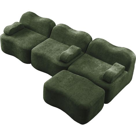 Divano modulare a L 3 posti con pouf, velluto verde, schiuma 32D, seduta profonda (1/5)