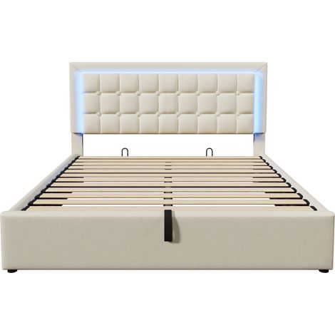 Letto matrimoniale imbottito 180x200 cm con rete, contenitore e LED, bianco (1/5)