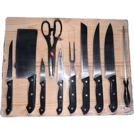 Trade Shop - Set 11pcs Con Cuchillo De Pan Cocina Versátil De Madera Tabla De Cortar Tijeras Tijeras -