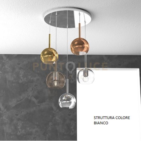 SOSP. BIANCO TONDA 5 LUCI VETRI TUTTI PICCOLO TRASPARENTE AMBRA CROMO ORO RAME 1155BI-S5 TP-MC