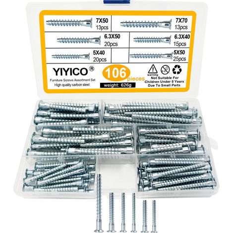 APEX Vis D'assemblage Confirmat Vis Meuble 106Pcs 5x40 5x50 6.3x40 6.3x50 7x50 7x70 Tête Fraisée Connecteur de Meuble Acier Galvanisé (1/5)