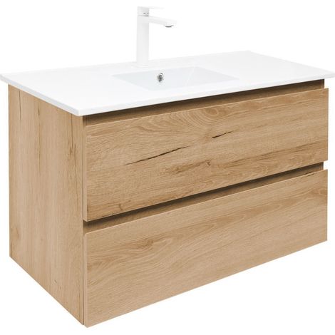 Meuble de salle de bains suspendu SAT B-Way 2 tiroirs avec vasque céramique 99x50x45 et mitigeur - Chêne (1/5)