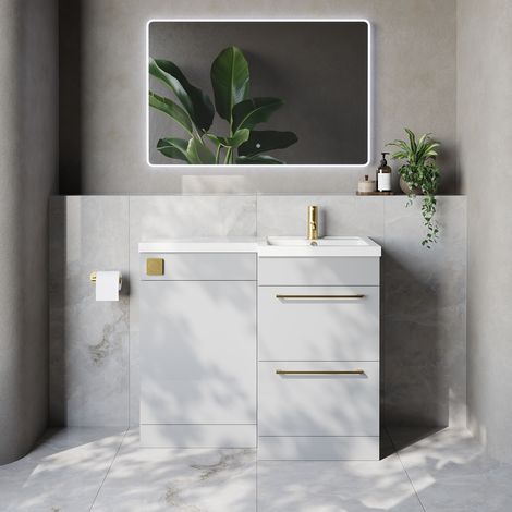 Napoli 390 Gloss Grey Pearl 1000mm 2 Drawer Vanity Unit Toilet Suite with Right Hand Square Lucia Basin - 1000mm - Brushed Brass 320mm HandleWithout Kingston Toilet Pan