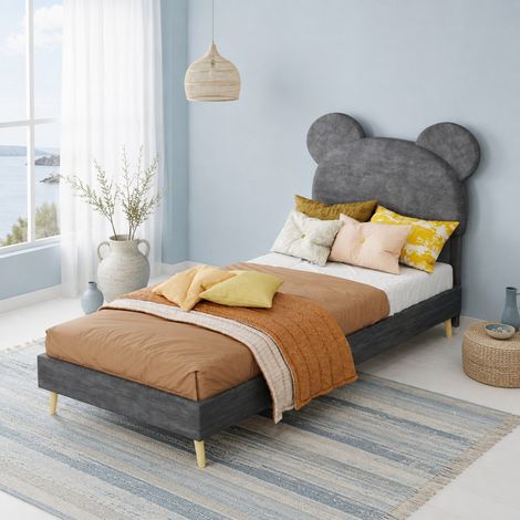 Cama infantil 90x200 cm gris con cabecero de dibujos animados, base baja sin almacenaje HAVRYA (1/5)