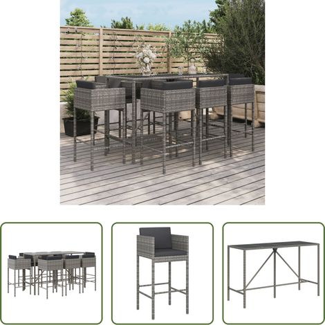 vidaXL Barhocker - 9-tlg. Gartenbar-Set mit Kissen Grau Poly Rattan (1/5)