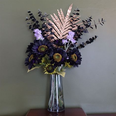 80cm Artificial Purple Sunflower and Gold Leaf Display Glass Vase (1/5)