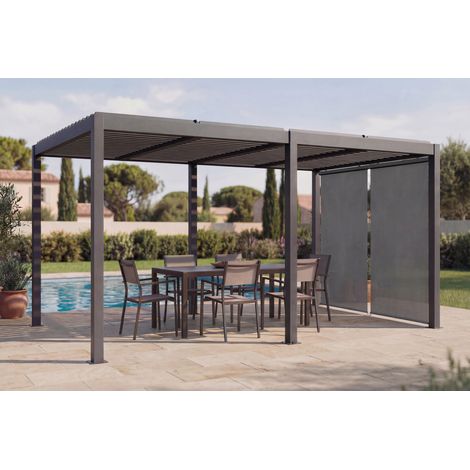 Pérgola bioclimática motorizada independiente AGOSTA de 5x3 m en aluminio gris con persianas retráctiles en el lado de 3 m. (1/5)