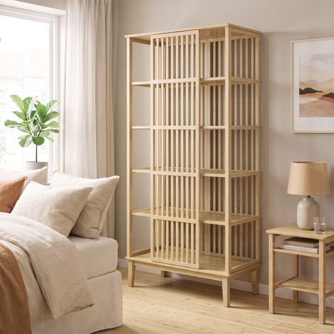 Armoire Chambre Penderie en Bambou 5 Niveaux avec Porte Coulissante, Design Aéré à Lattes, Bois Naturel (1/5)