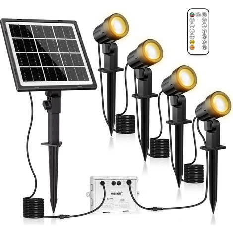 Spot Solaire Exterieur 4 en 1 Lampe Solaire Exterieur Étanche IP66, 3 Modes d'Éclairage, Luminosité et Couleur Réglable, Câble 14M, Lumière Solaire Télécommandé pour Jardin, Chemin, Cour (1/5)