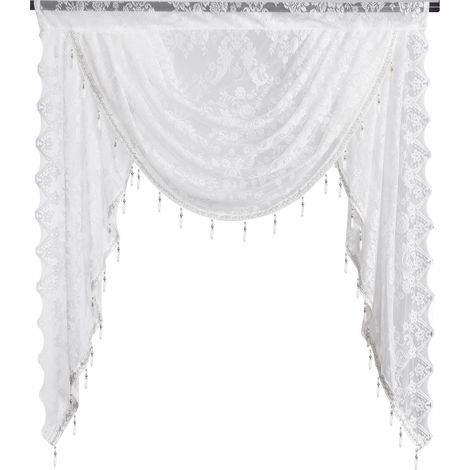 Valance Cascade Dentelle – Motif Floral Vintage – Guirlande – Voilage pour Fenêtre de Cuisine – Pour Salon, Chambre, Salle de Bain, Café – Rideau Court-Blanc 1 mètre (1/5)