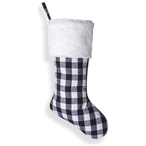 Lot de 2 bas de Noël à suspendre pour cheminée, 46 cm, en fourrure, à carreaux, décoration de Noël (blanc et noir) (1/5)