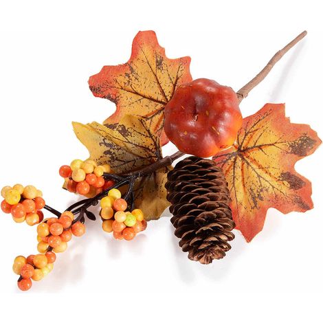 Rametti autunnali da confezione e decorativi con zucca, pigna, foglie e bacche artificiali, set da 16 pezzi, cm 16,5 H (con gambo 28)