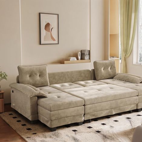 Canapé convertible U en tissu chenille 278 cm avec lit camel (1/5)