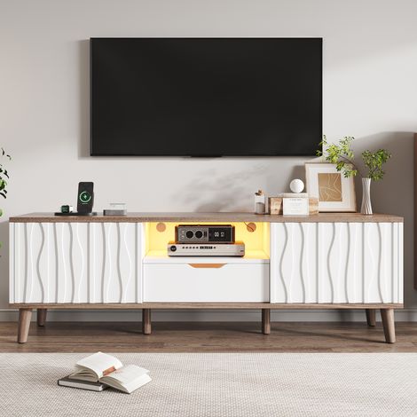 Meuble TV blanc avec LED, rangement et porte coulissante, buffet multimédia 160 cm pour salon chambre, TV 70 pouces
