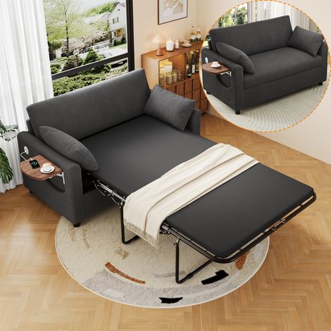 Canapé‑lit 2 places gris extensible, port USB, table latérale pliable, matelas, draps et coussins fournis (1/5)