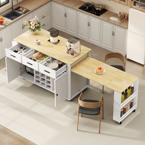 Îlot de Cuisine Mobile 136(223)cm avec Plan de Travail Extensible, Chariot de Cuisine avec Rangement, Casier à Vin, Prises, 3 Tiroirs, Blanc/Chêne (1/5)