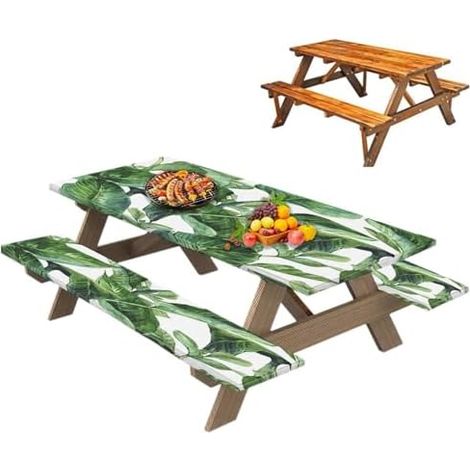 Ensemble élégant de 3 housses de table élastiques pour tables et bancs de pique-nique, idéal pour les tables et bancs. (1/5)