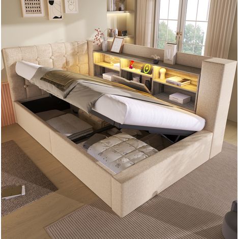 letto letto 90x190 contenitore LED beige OKMYHOME (1/5)