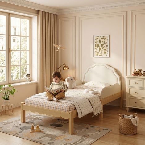 Lit enfant 90x200 – PU – Barrières sécurité – Sommier lattes – Bois – Beige – Design enfant (1/5)