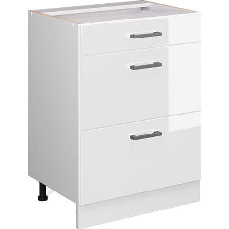 Mueble bajo universal R-Line, Blanco alto brillo, 60 cm con cajones, sin encimera, Vicco