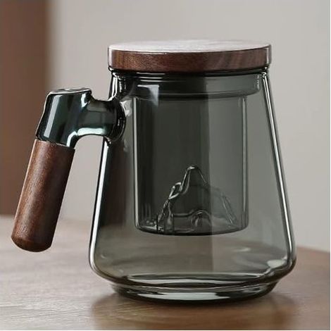 Tasse à thé en verre avec couvercle et passoire, 500 ml, grande tasse à thé avec anse en bois, mug à thé en verre borosilicate avec passoire pour thé en vrac/amateurs de thé/cadeaux p (1/5)