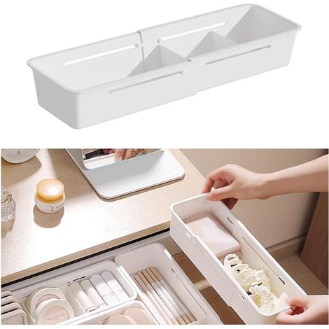 Caja de almacenamiento expandible con cajones: bandeja de almacenamiento de plástico deslizante con separadores extraíbles caja de almacenamiento ajustable. (1/5)