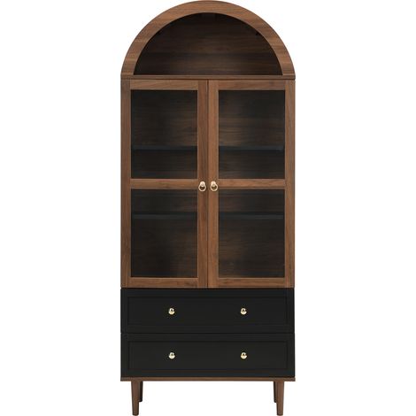 Armario vitrina de madera color nogal con puertas de vidrio y estantes regulables (1/5)