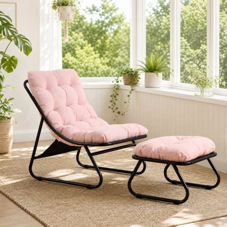 Fauteuil de détente avec ottoman, structure en acier, coussin rose, 65 x 78 x 86 cm DESVIAE (1/5)