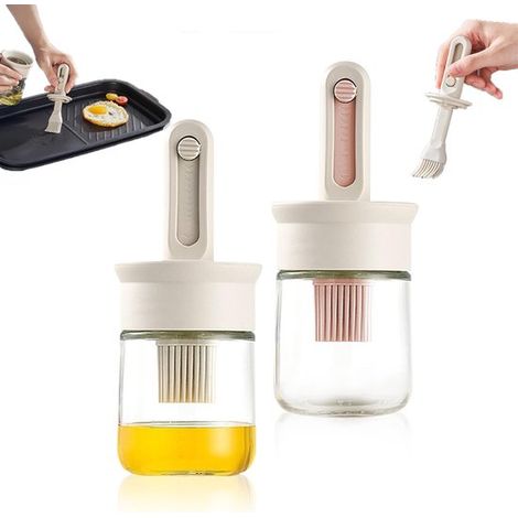 piezas, Cepillo para barbacoa 3 en 1, Dispensador de aceite de vidrio con cepillo, Blanco y rosa, 16 x 6,7 cm, Apto para aceites, salsas y adobos (1/5)