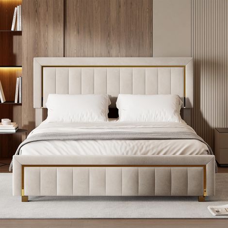 Lit Coffre 180x200 de Rangement avec Tête de Lit Matelassée,Beige (1/5)